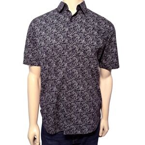 Alfani Mens Geometric Abstract Print Short Sleeve Button Down Shirt Black Grey M